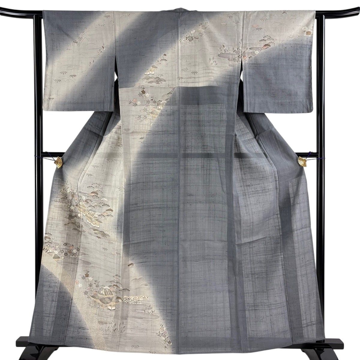 訪問着 身丈161.5cm 裄丈62cm S 薄物 夏紬地 家屋 松竹梅 灰色 正絹 名品 【中古】