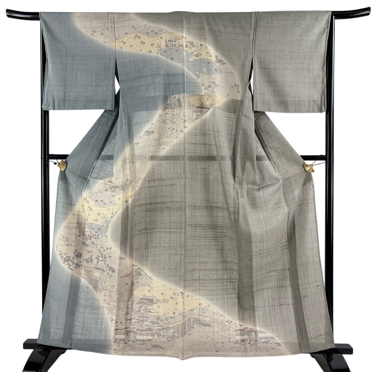 訪問着 身丈161.5cm 裄丈66cm M 薄物 夏紬地 建物 草花 染め分け ぼかし 青灰色 正絹 名品 【中古】