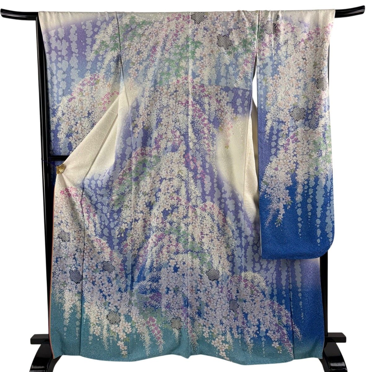 振袖 身丈167cm 裄丈68.5cm L 袷 桜 楓 絞り 銀通し 青紫 正絹 名品 【中古】