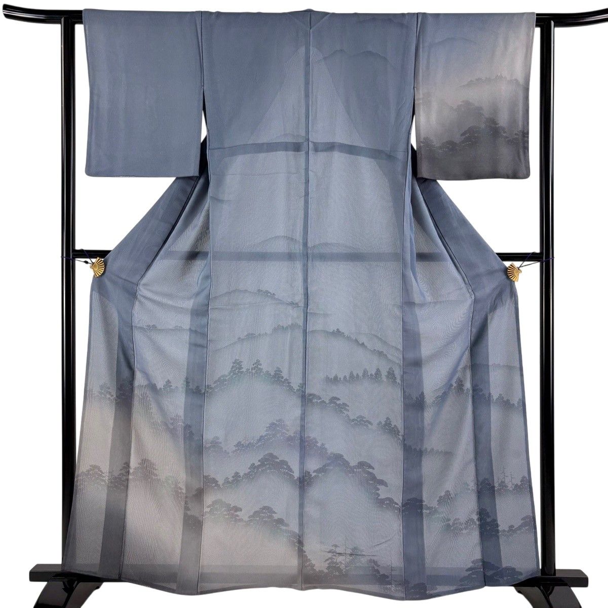 訪問着 身丈160cm 裄丈60.5cm S 紗絽袷 樹木 ぼかし 青灰色 正絹 名品 【中古】