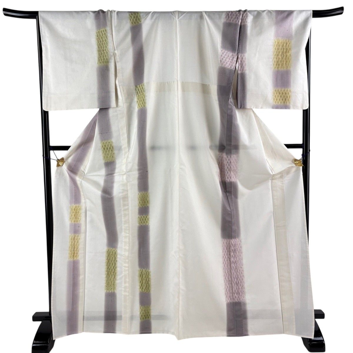【美品】 付下げ 身丈169cm 裄丈70.5cm L 単衣 紬地 幾何学 縞 ぼかし クリーム 正絹 名品 【中古】