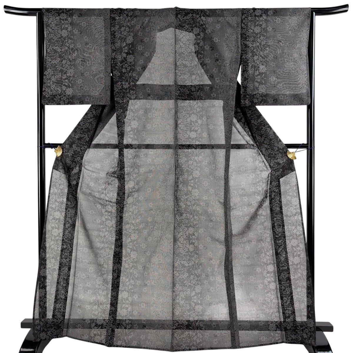 紬 身丈168cm 裄丈64cm M 薄物 夏紬地 草花 華文 黒灰 正絹 名品 【中古】