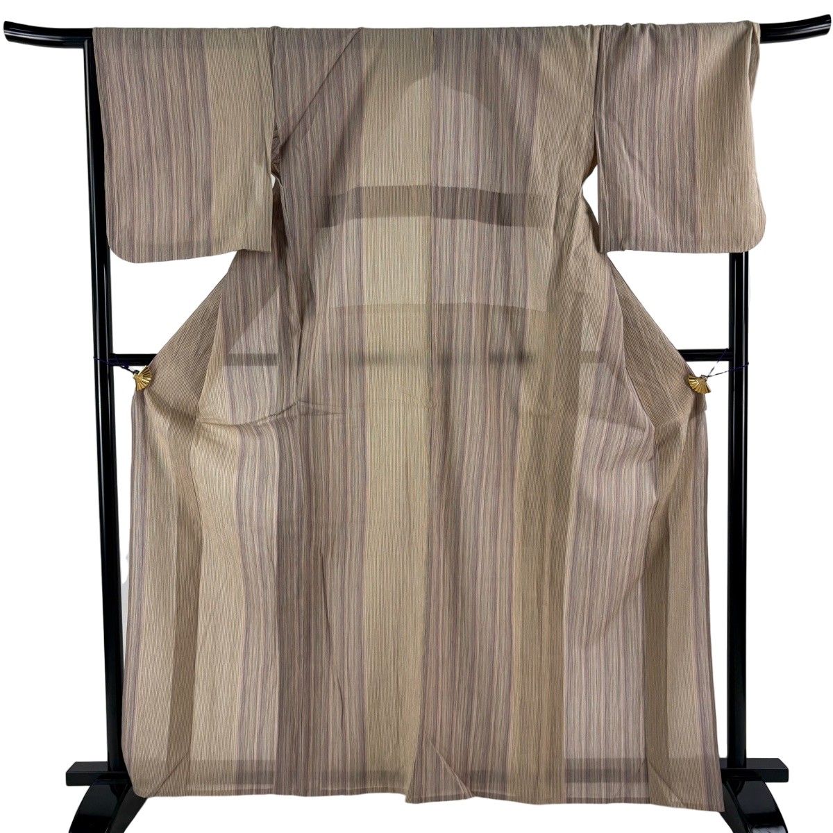 紬 身丈163.5cm 裄丈69cm L 薄物 夏紬 縞 薄茶色 正絹 名品 【中古】