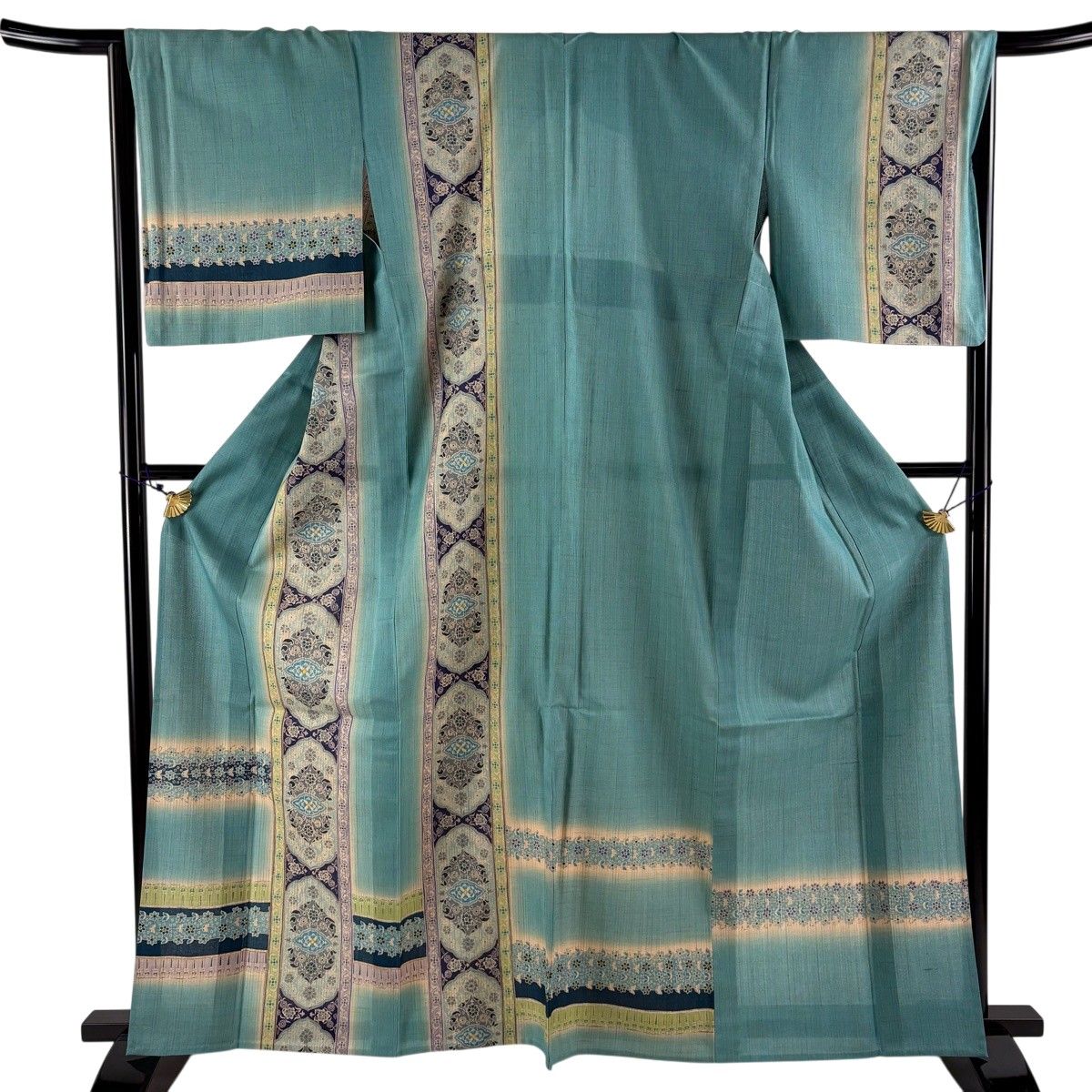 付下げ 身丈163.5cm 裄丈66cm M 薄物 夏紬 草花 縞縞 青緑 正絹 名品 【中古】