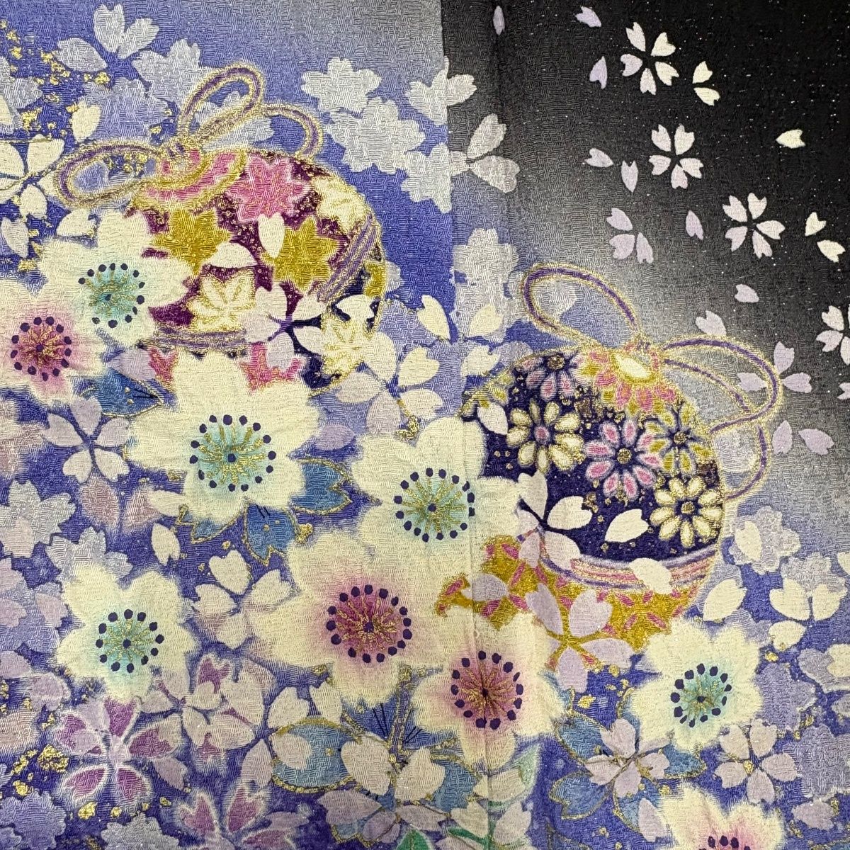 振袖 身丈161cm 裄丈67cm M 袷 鈴乃屋 鈴 桜 銀通し 金彩 黒 正絹 名品 【中古】