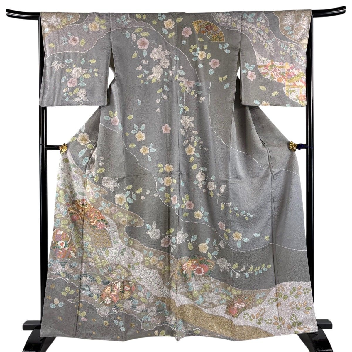 訪問着 身丈164cm 裄丈66cm M 袷 扇面 花蝶 金銀彩 金糸 灰色 正絹 名品 【中古】 12,166円