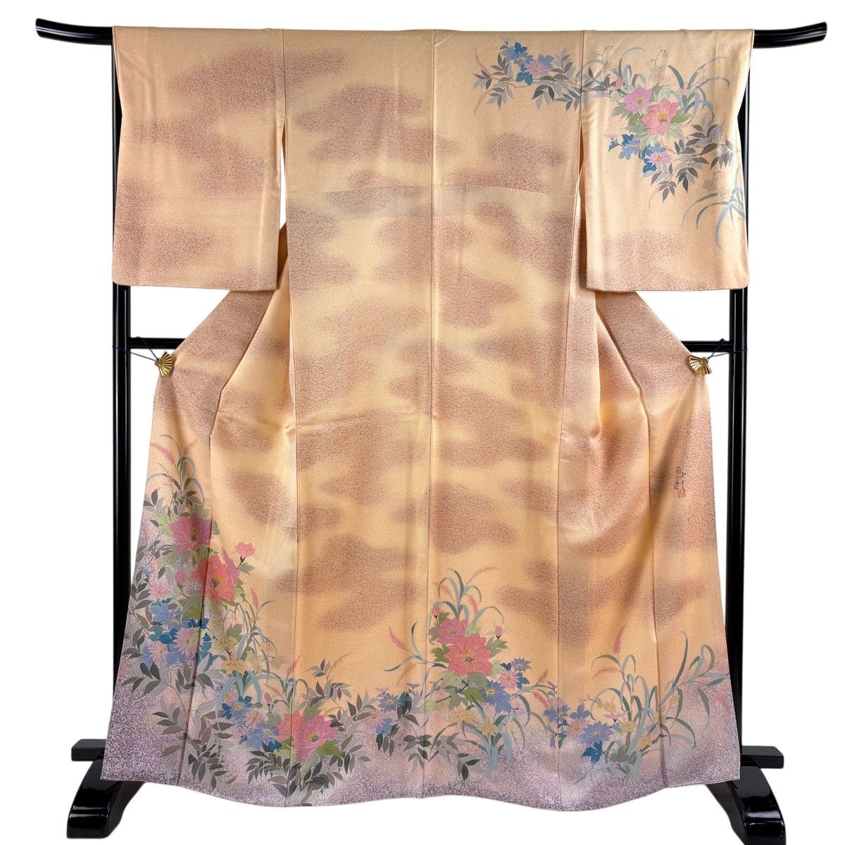 訪問着 身丈166.5cm 裄丈66cm M 袷 田屋鬼彩 落款 草花 霞 ぼかしぼかし 薄オレンジ 正絹 名品 【中古】