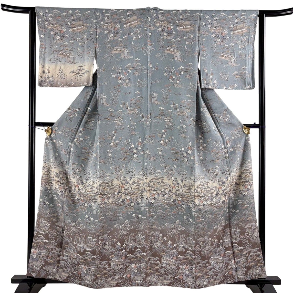 訪問着 身丈159.5cm 裄丈62.5cm S 袷 松竹梅 家屋 ぼかし 青灰色 正絹 名品 【中古】