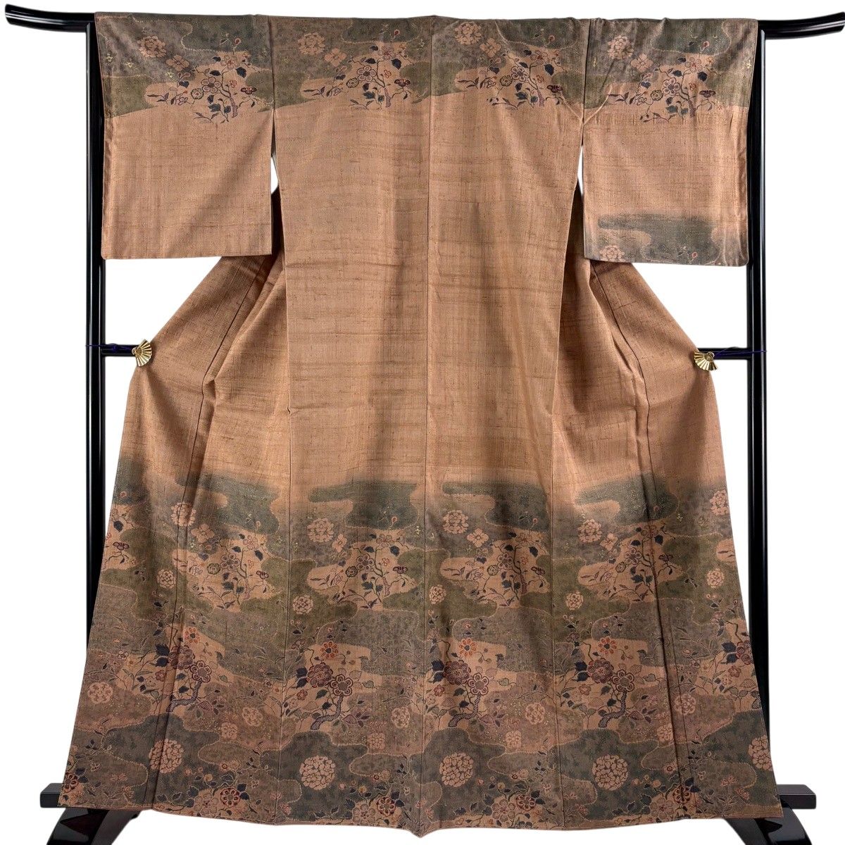 訪問着 身丈162.5cm 裄丈65cm M 袷 紬地 草花 霞 金彩 茶色 正絹 名品 【中古】