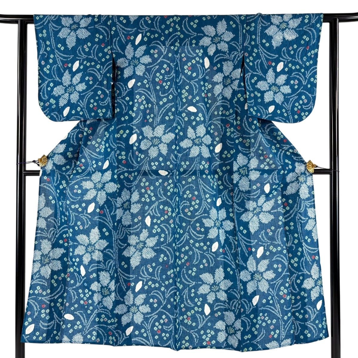 浴衣 身丈143cm 裄丈60.5cm S 絞り浴衣 草花 青緑 綿 名品 【中古】