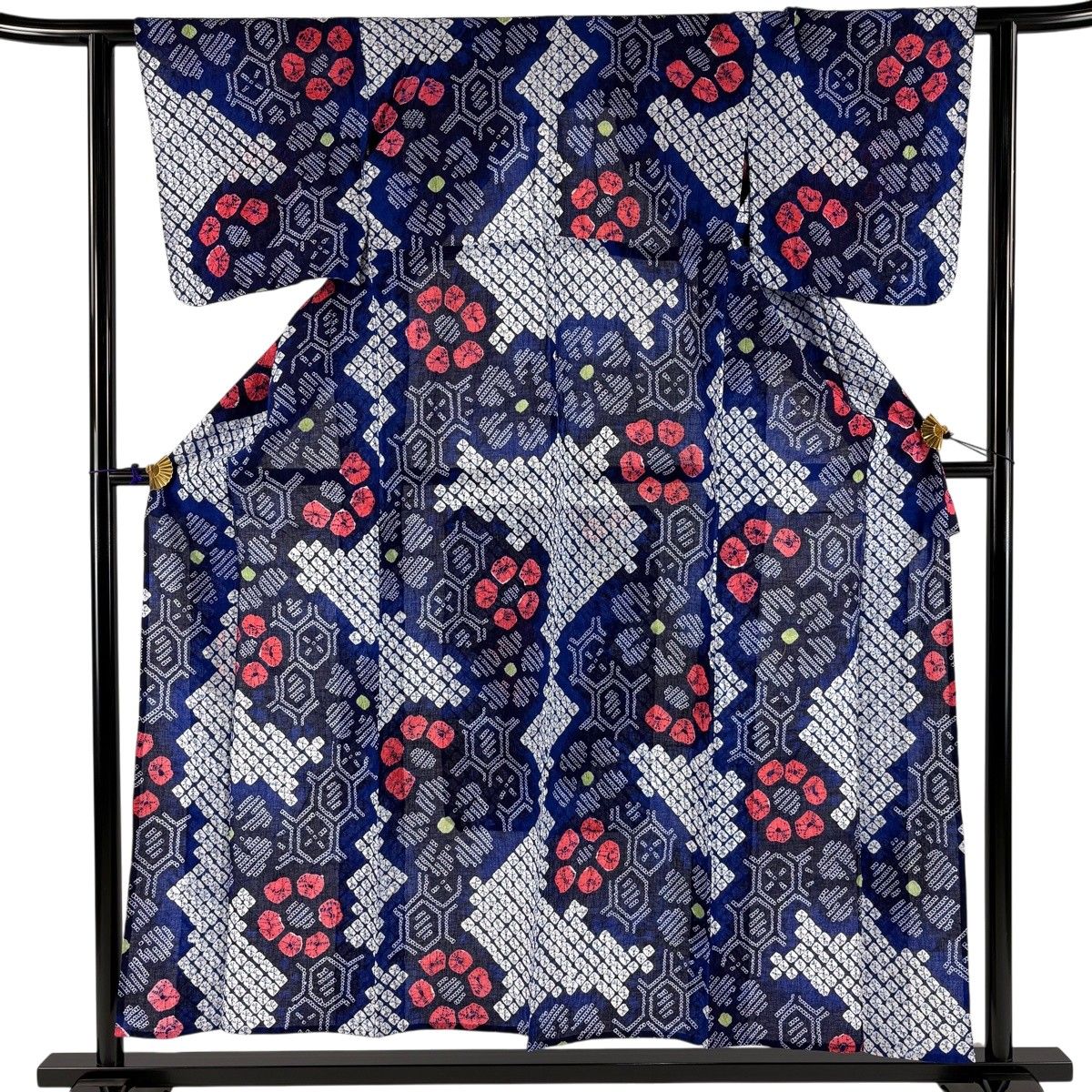 【美品】 浴衣 身丈153cm 裄丈61cm S 絞り浴衣 亀甲 花 青 綿 名品 【中古】