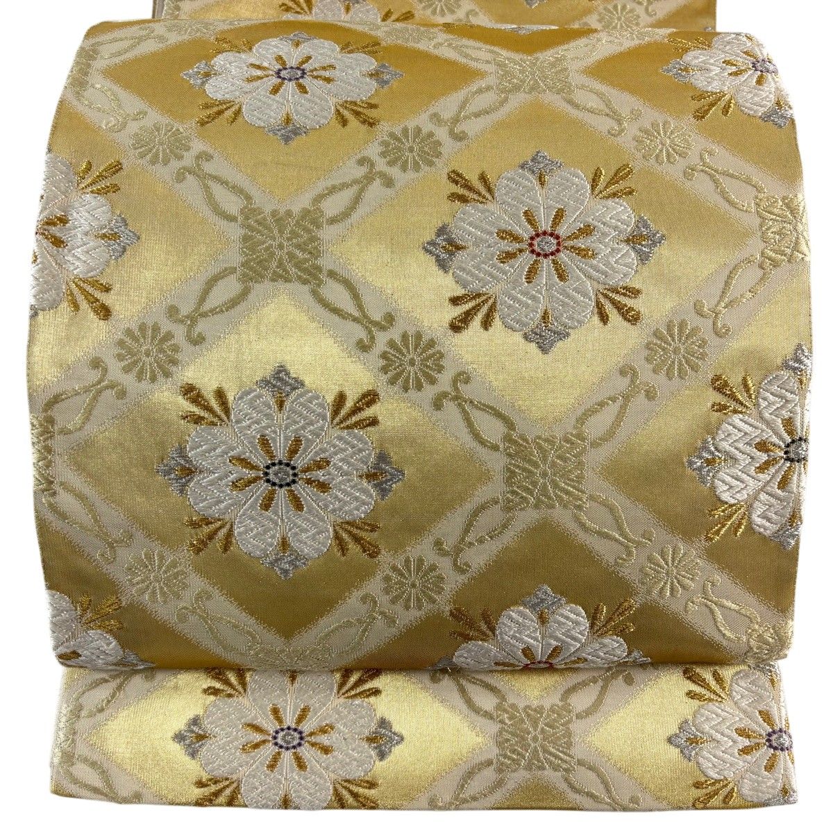 袋帯 名品 花 菱格子 金銀糸 箔 金色 六通 正絹 【中古】