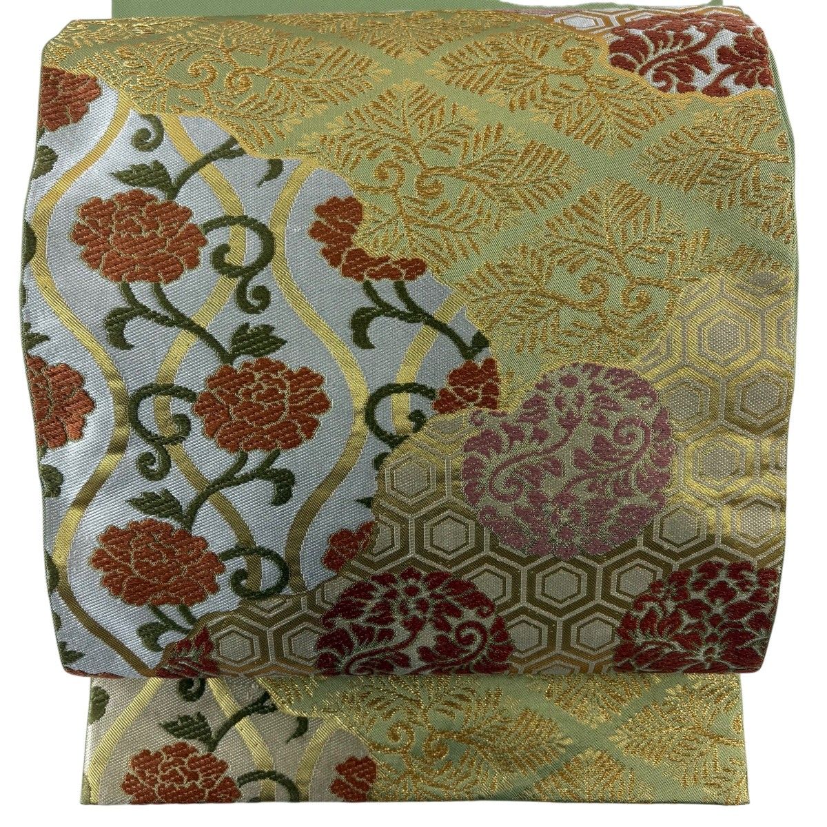 【美品】 袋帯 名品 川島織物 落款 草花 亀甲 刺繍 金糸 薄緑 六通 正絹 【中古】