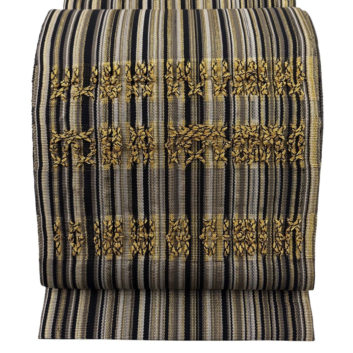 【美品】 袋帯 名品 幾何学模様 縞 金糸 灰色 お太鼓柄 正絹 【中古】