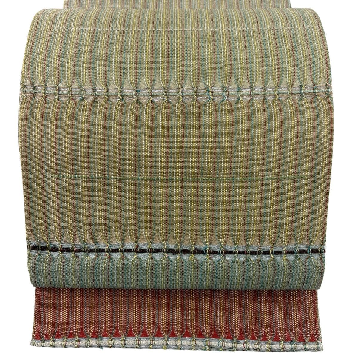 【美品】 袋帯 名品 幾何学模様 箔 灰緑 六通 正絹 【中古】
