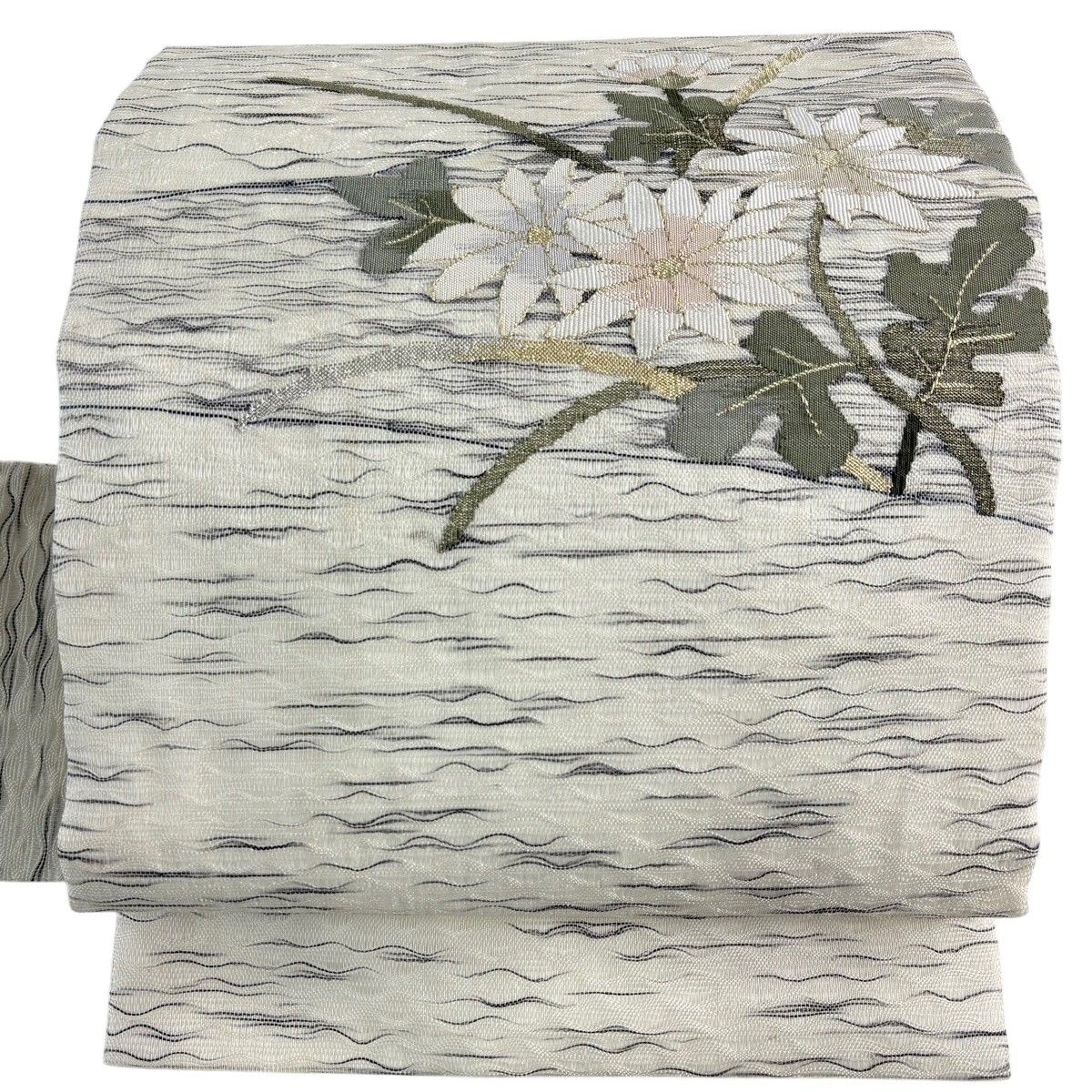 【美品】 名古屋帯 名品 夏帯 草花 よろけ縞 金銀糸 白 正絹 【中古】