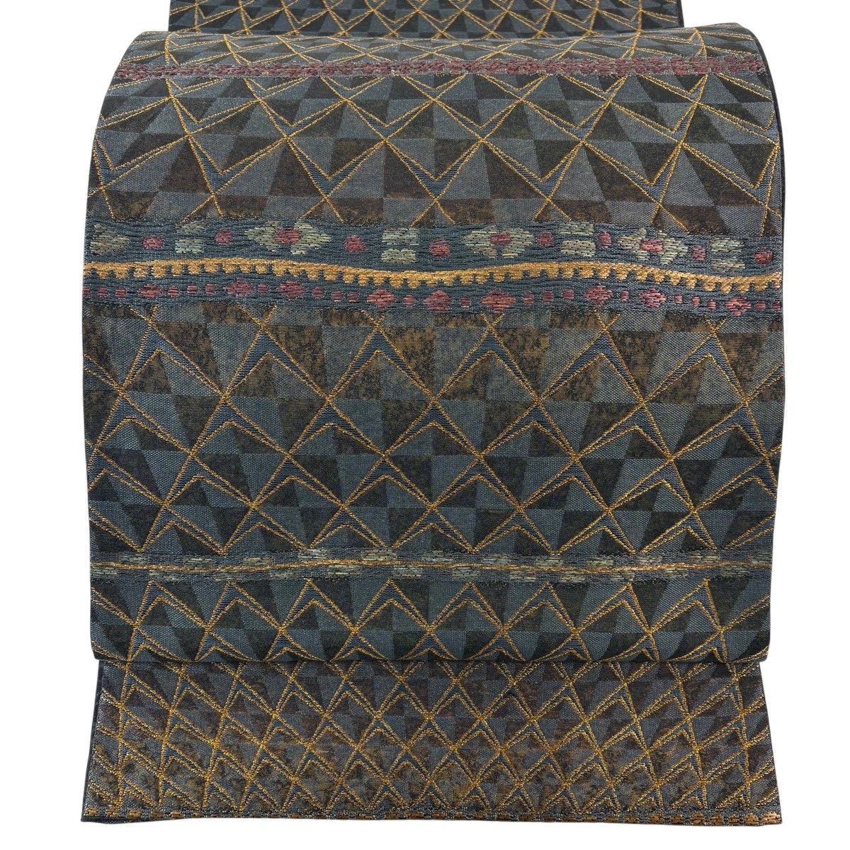 【美品】 袋帯 秀品 落款 幾何学模様 金糸 箔 青灰色 六通 正絹 【中古】