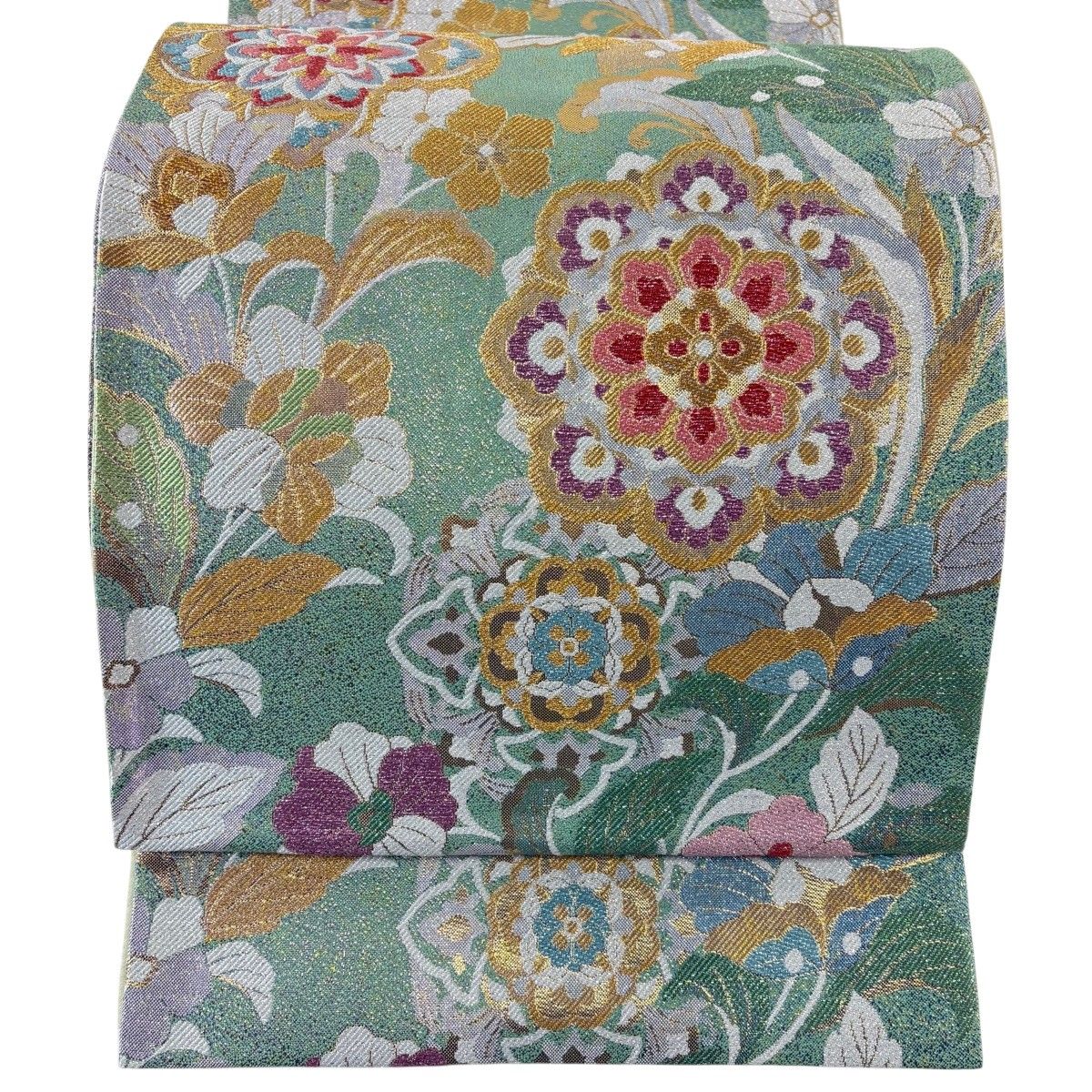 【美品】 袋帯 秀品 華文 草花 金銀糸 箔 薄緑 六通 正絹 【中古】