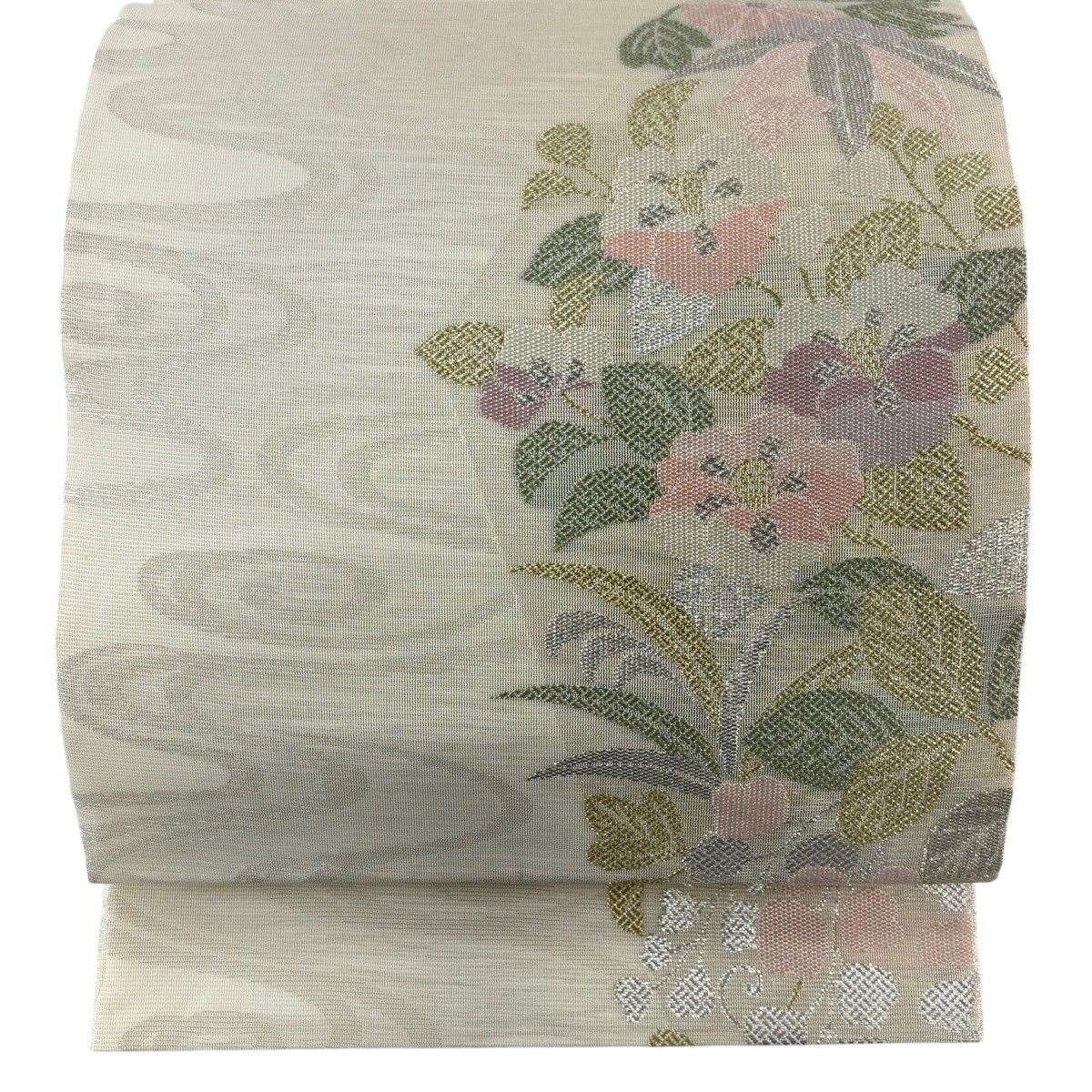 袋帯 秀品 夏帯 紗 菊 椿 金銀糸 箔 ベージュ 六通 正絹 【中古】