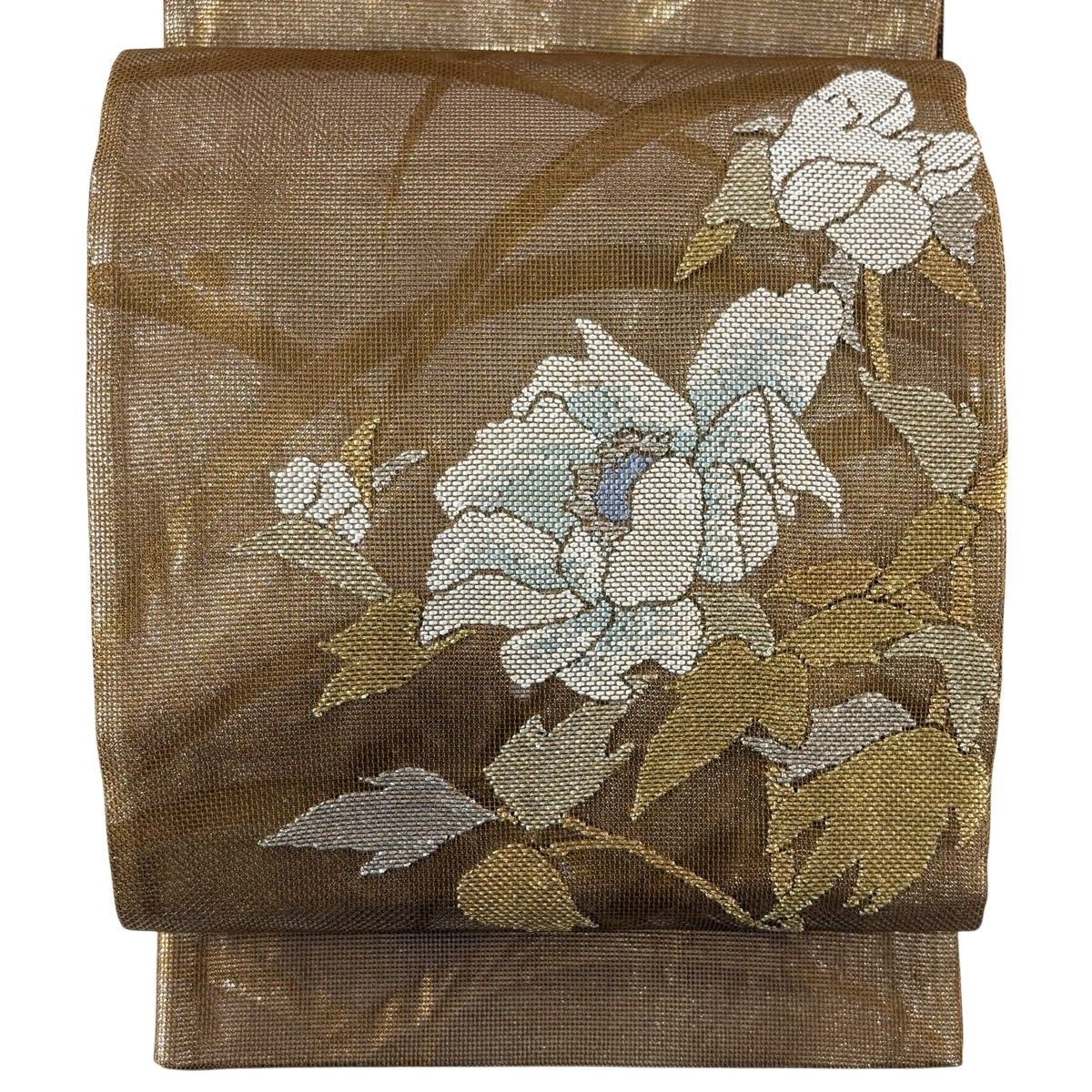 【美品】 袋帯 秀品 夏帯 草花 露芝 金銀糸 箔 茶色 お太鼓柄 正絹 【中古】 9,086円