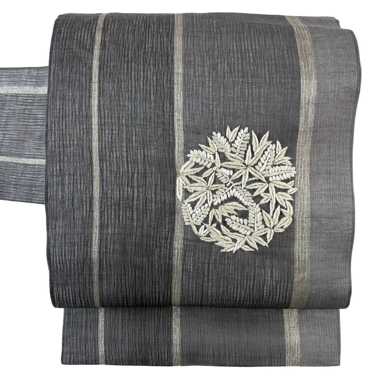 【美品】 名古屋帯 秀品 夏帯 草花 縞 金銀糸 灰色 正絹 【中古】