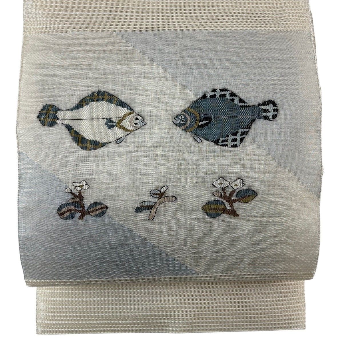 名古屋帯 秀品 夏帯 絽 八寸名古屋帯 松葉仕立て 魚 草花 ベージュ 正絹 【中古】