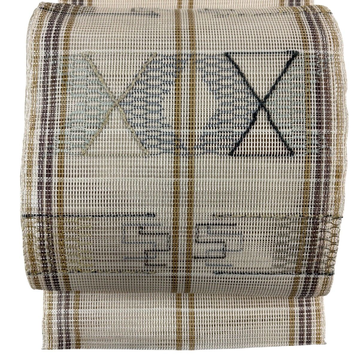 名古屋帯 秀品 夏帯 八寸名古屋帯 松葉仕立て トンネル仕立て 幾何学模様 縞 金糸 ベージュ 正絹 【中古】