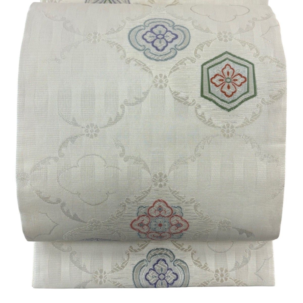 【美品】 袋帯 秀品 夏帯 絽 華文 七宝 箔 灰白 六通 正絹 【中古】
