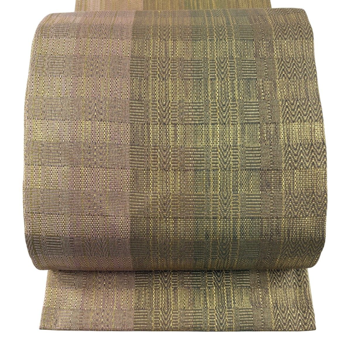 【美品】 袋帯 秀品 縞 幾何学模様 金糸 鶯色 お太鼓柄 正絹 【中古】