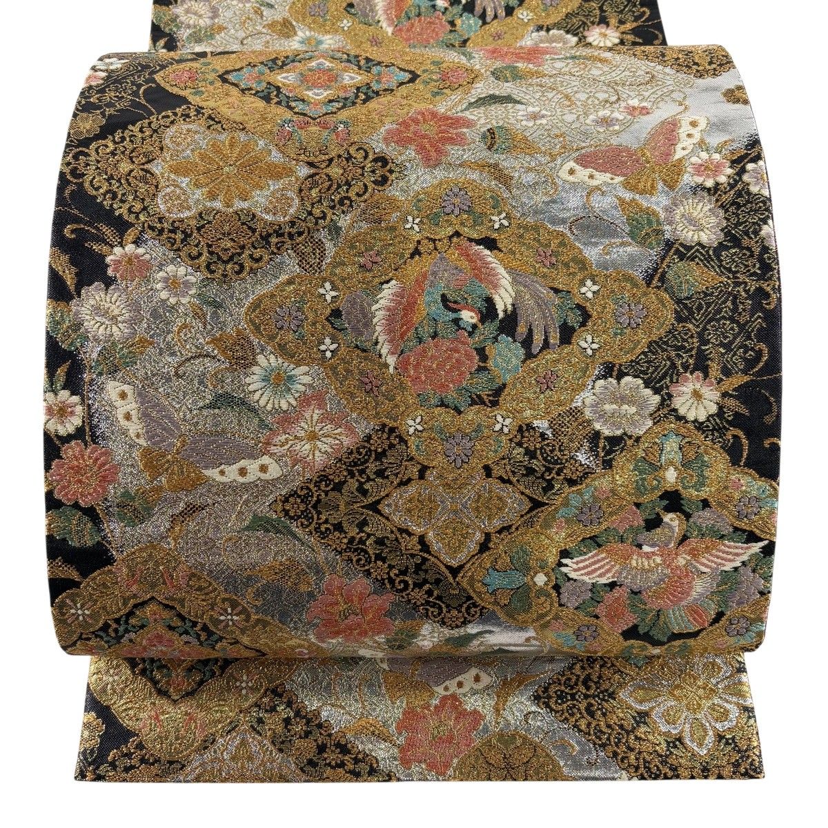 【美品】 袋帯 秀品 華文 花鳥 金糸 箔 黒 六通 正絹 【中古】