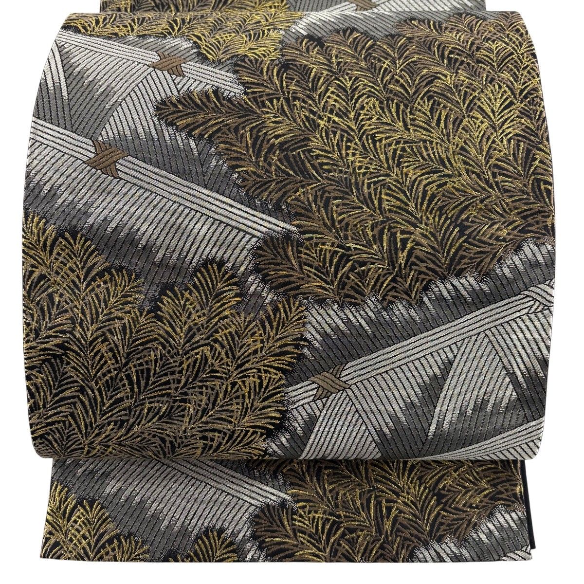 【美品】 袋帯 秀品 葉 金銀糸 箔 銀色 六通 正絹 【中古】