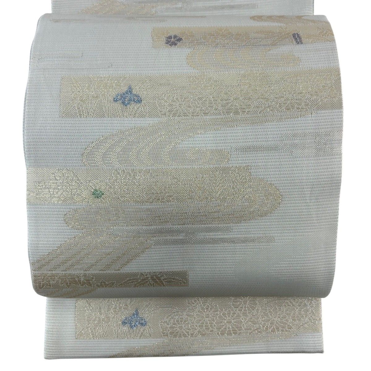 袋帯 秀品 夏帯 絽 草花 流水 箔 青灰色 六通 正絹 【中古】