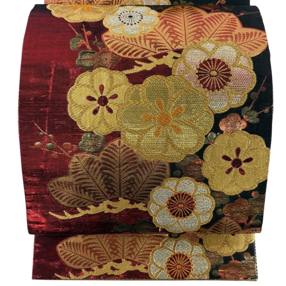 袋帯 秀品 振袖向き 笠松 枝梅 金銀糸 箔 赤 六通 正絹 【中古】