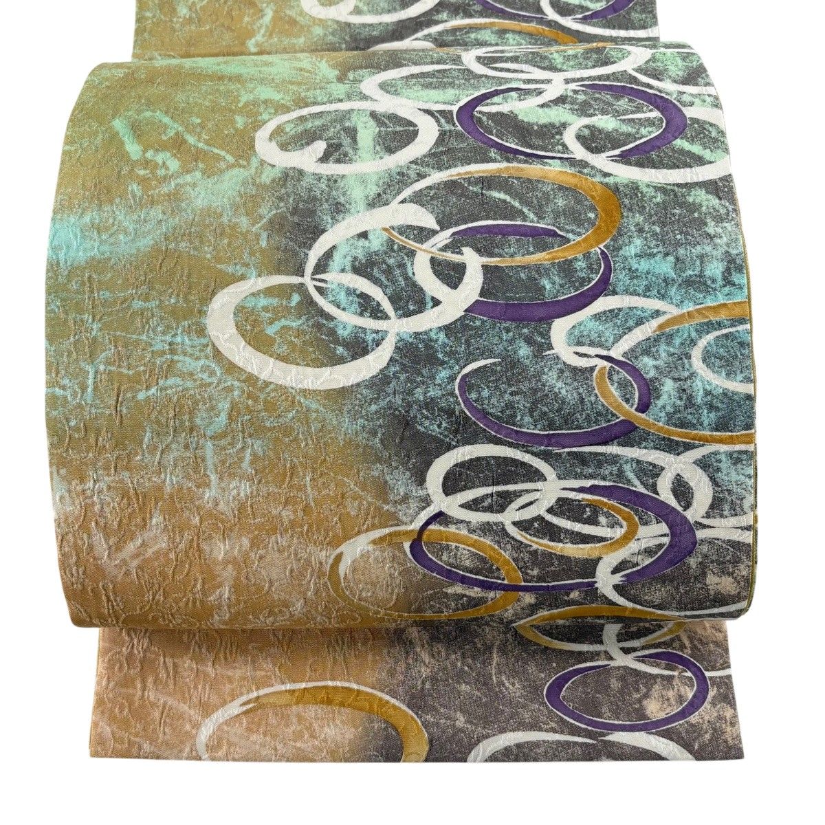 【美品】 袋帯 秀品 落款 鵬翔 幾何学 山吹茶色 全通 正絹 【中古】