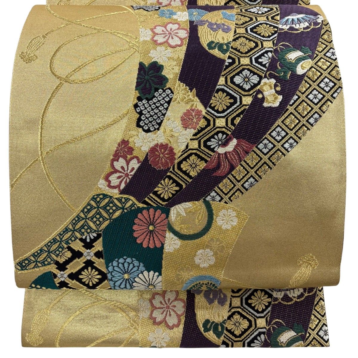 【美品】 袋帯 秀品 桧扇 桜 金糸 箔 金色 六通 正絹 【中古】