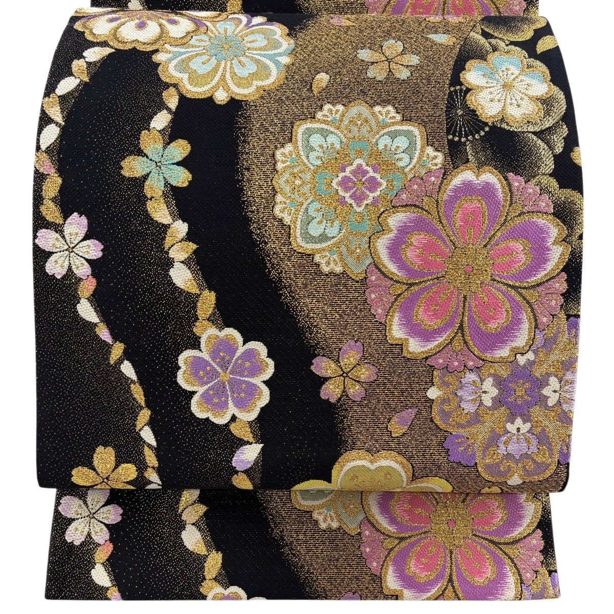 【美品】 袋帯 秀品 やまと 振袖向き 桜 華文 箔 黒 六通 正絹 【中古】