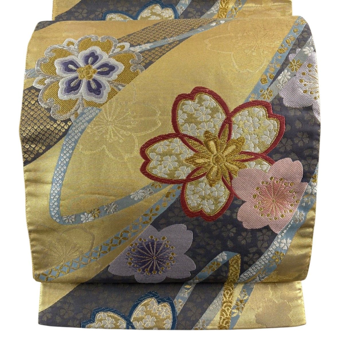 袋帯 秀品 振袖向き 桜 華文 金銀糸 箔 金色 六通 正絹 【中古】