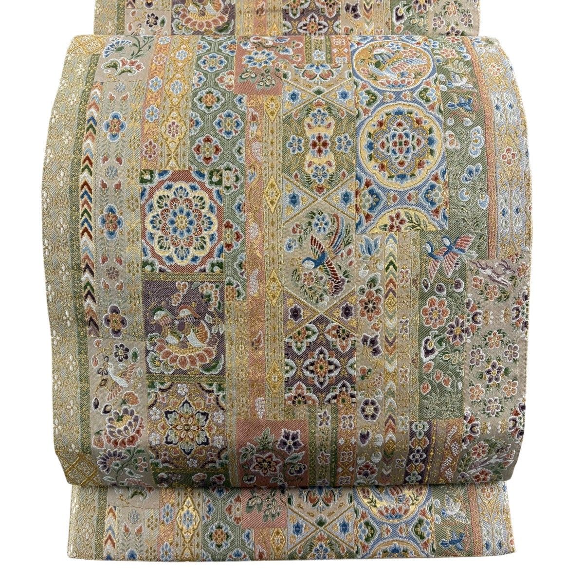 【美品】 袋帯 秀品 華文 花鳥 箔 金糸 灰茶 六通 正絹 【中古】