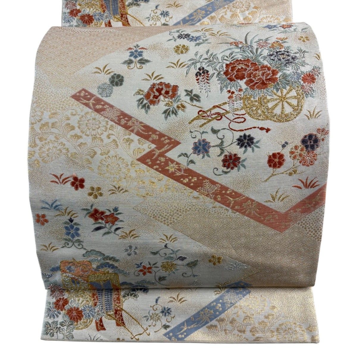 【美品】 袋帯 秀品 関西仕立て 花車 御所車 明綴 金銀糸 ベージュ 六通 正絹 【中古】