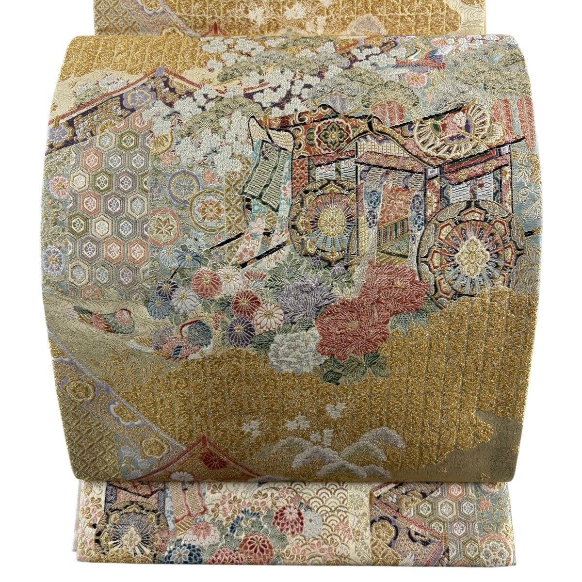 【美品】 袋帯 秀品 花苑御車文 金糸 箔 金色 六通 正絹 【中古】