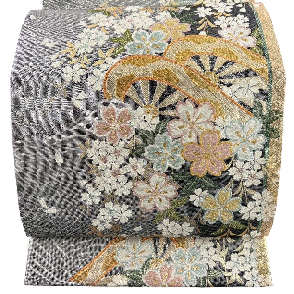 袋帯 秀品 桜 波 箔 唐織 銀色 六通 正絹 【中古】