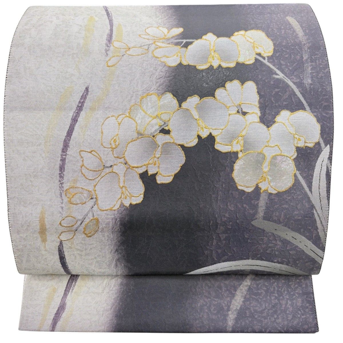 【美品】 袋帯 秀品 胡蝶蘭 箔 金彩 濃紫 お太鼓柄 正絹 【中古】