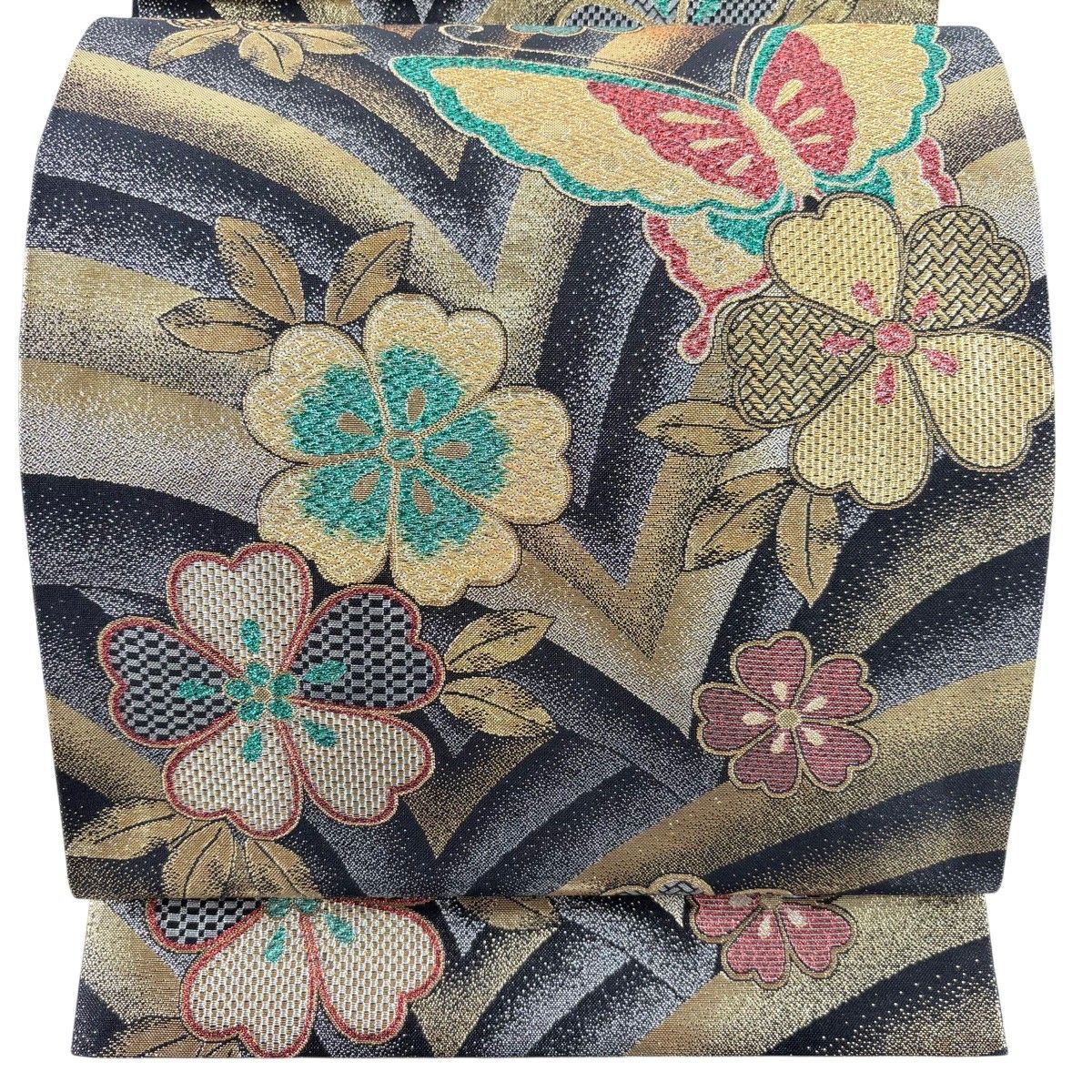 【美品】 袋帯 秀品 桜 蝶 唐織 箔 黒 六通 正絹 【中古】