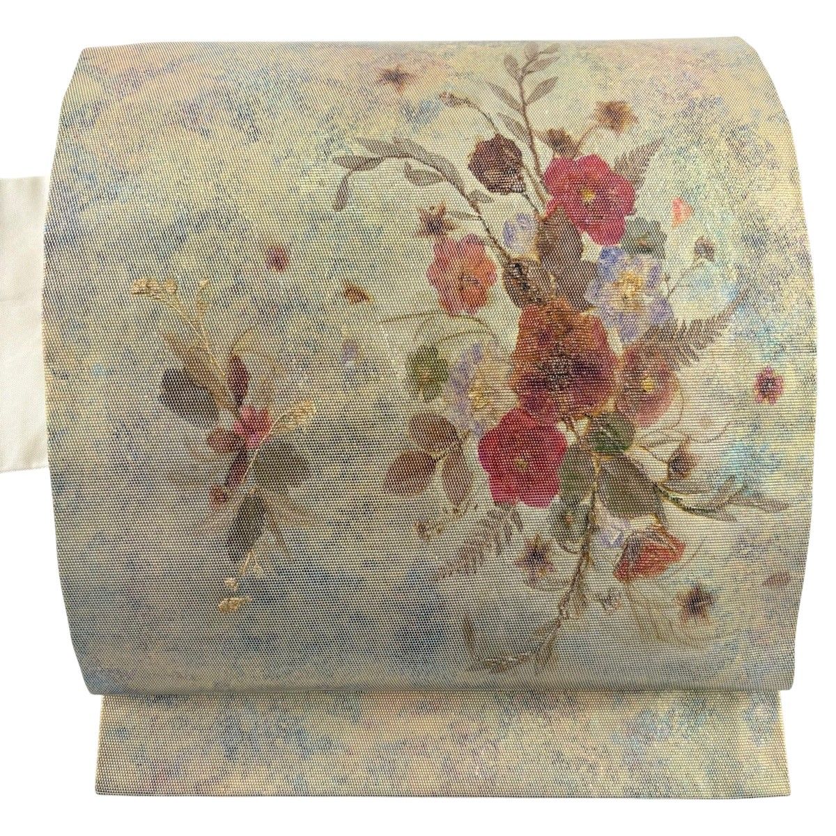 名古屋帯 秀品 花香織 草花 箔 金色 正絹 【中古】