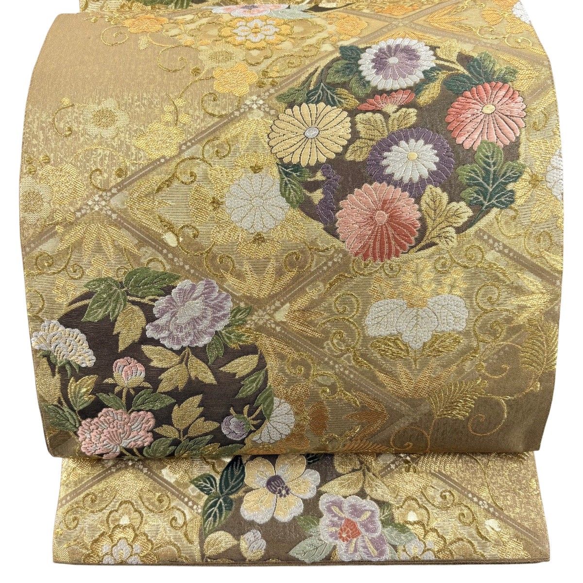 袋帯 秀品 花丸文 松竹梅 唐織 箔 金色 六通 正絹 【中古】