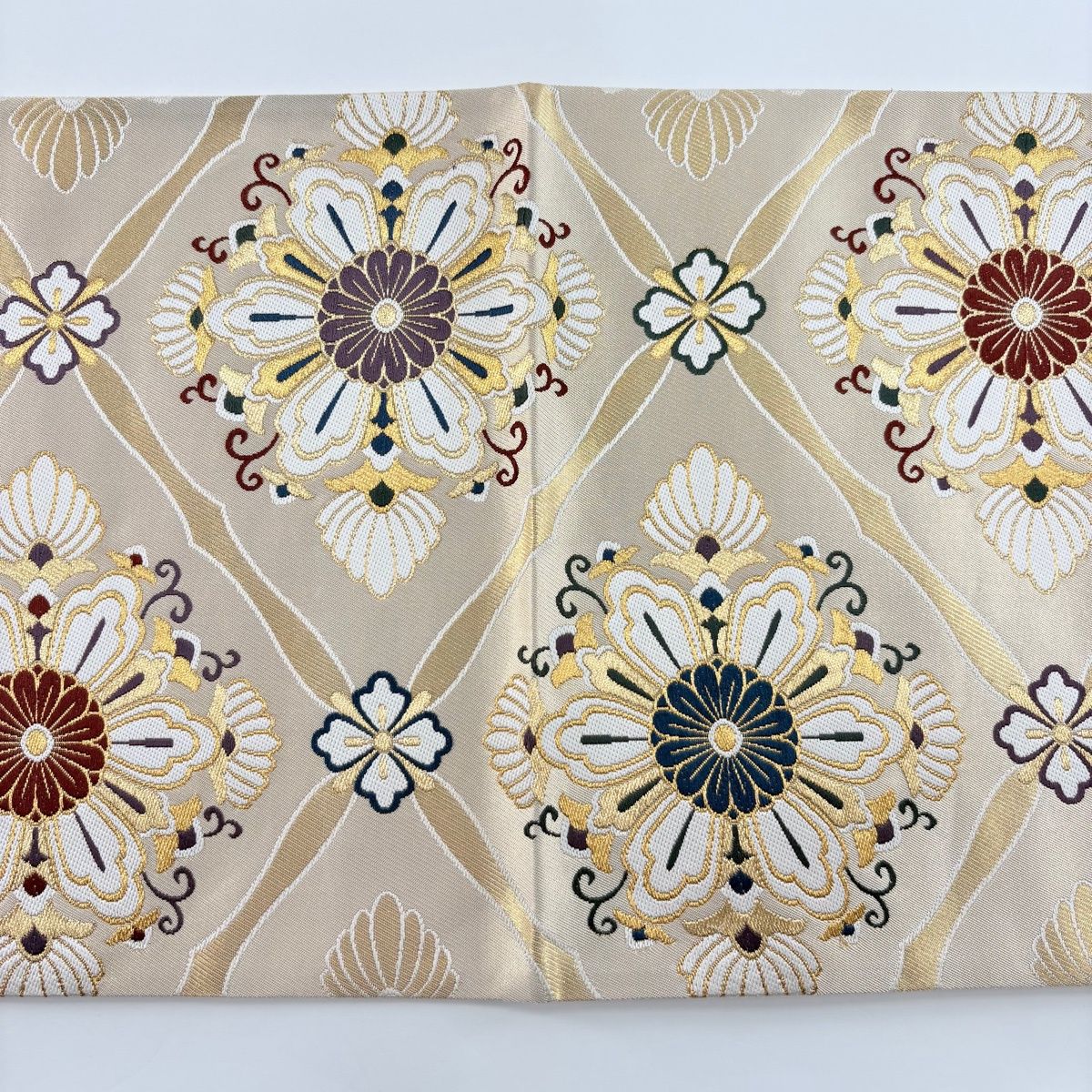 袋帯 美品 秀品 菱 草花 金糸 ベージュ 六通 正絹 【中古】 袋帯 六通