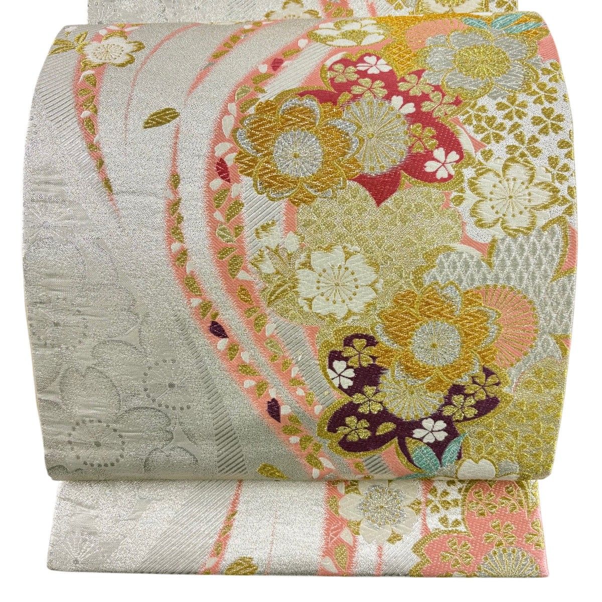 袋帯 秀品 桜 花びら 唐織 箔 銀色 六通 正絹 【中古】
