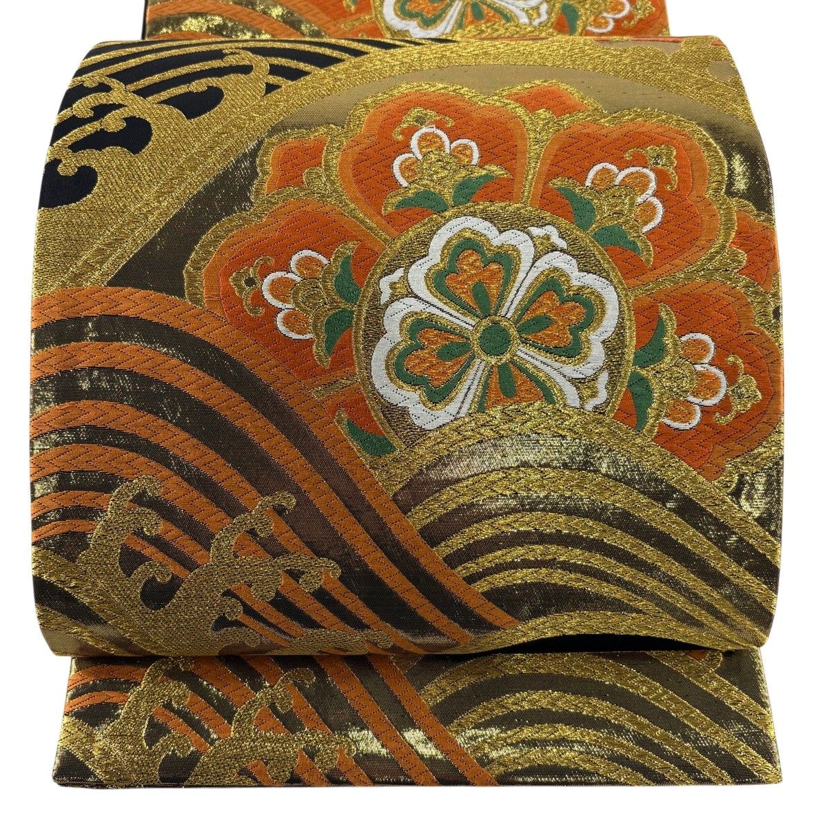 【美品】 袋帯 秀品 振袖向き 華文 波 箔 金糸 金色 六通 正絹 【中古】