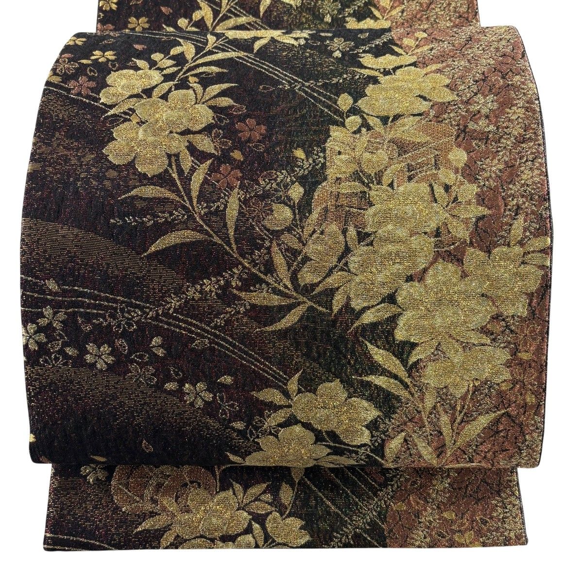 【美品】 袋帯 秀品 草花 御所車 箔 茶紫 六通 正絹 【中古】