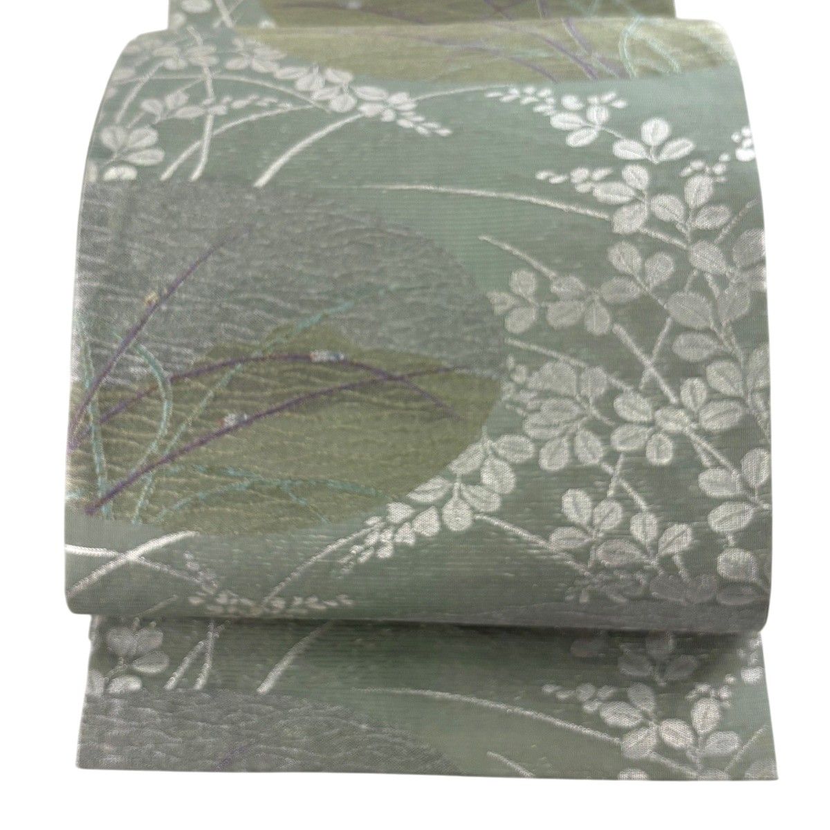 袋帯 秀品 夏帯 絽 萩 蛍 箔 薄緑 六通 正絹 【中古】
